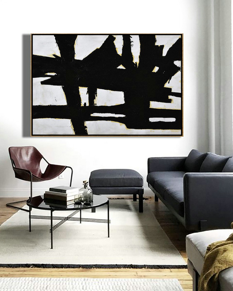 Large Abstract Art Handmade Acrylic Painting,Horizontal Palette Knife Minimal Canvas Art Painting Black White Beige - Hand Painted Acrylic Painting